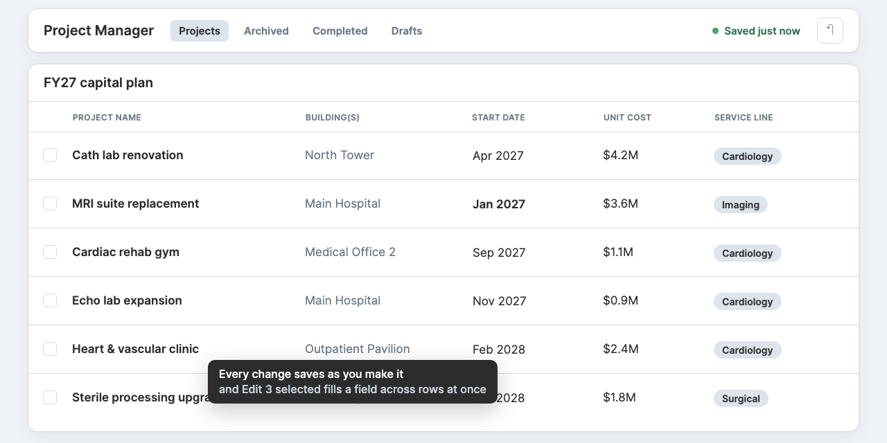 Orion V3.0 — Project Manager (a start date saves as it is edited, then Edit 3 selected fills a service line across rows)
